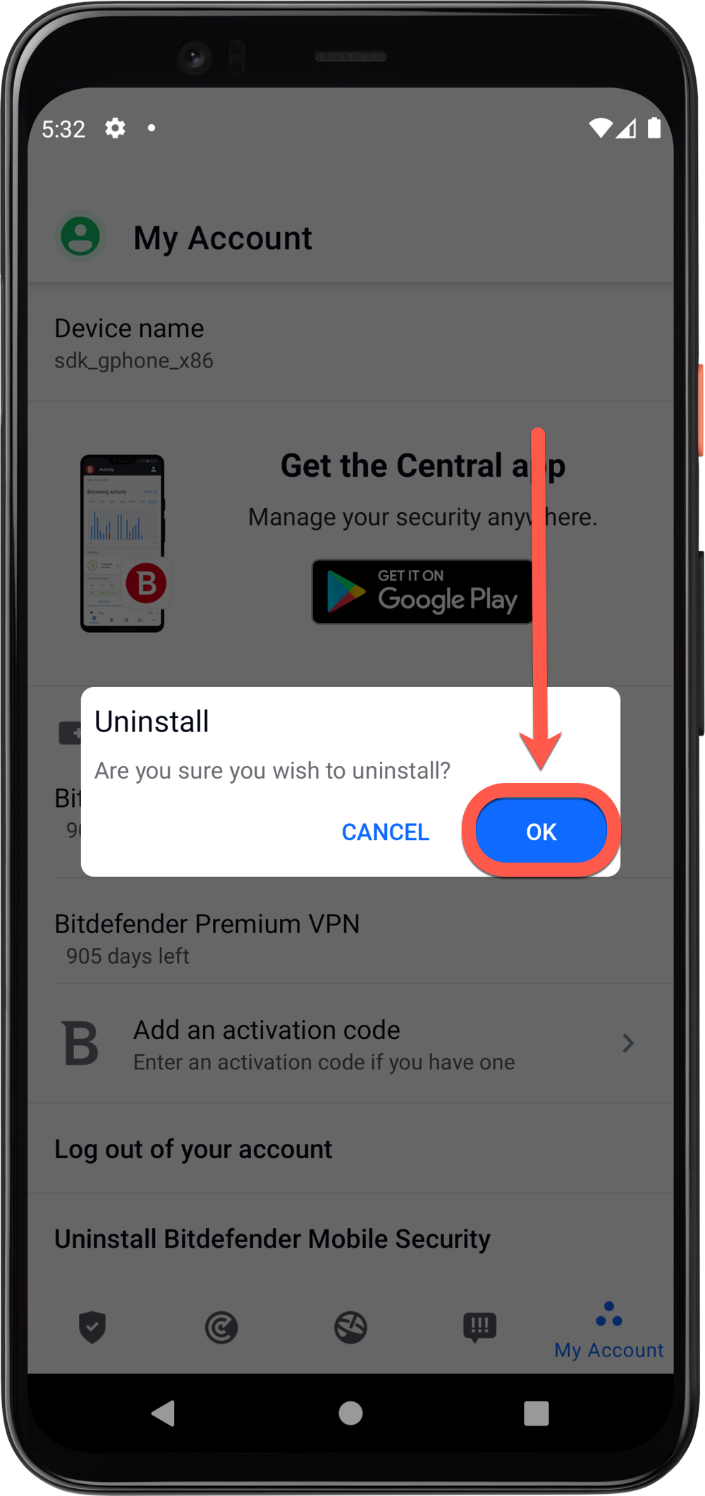 disinstallare Bitdefender per Android - OK