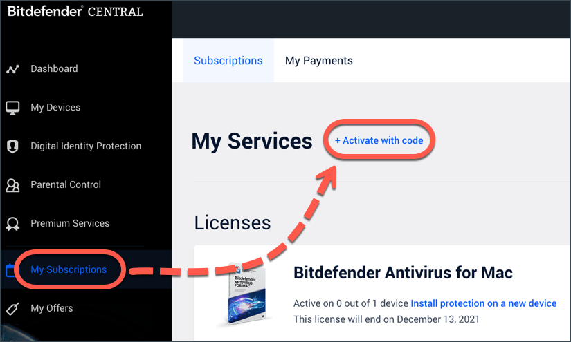 My Subscriptions panel in Bitdefender Central