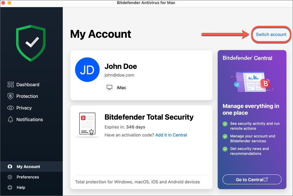 Cambiare account - Bitdefender Antivirus for Mac