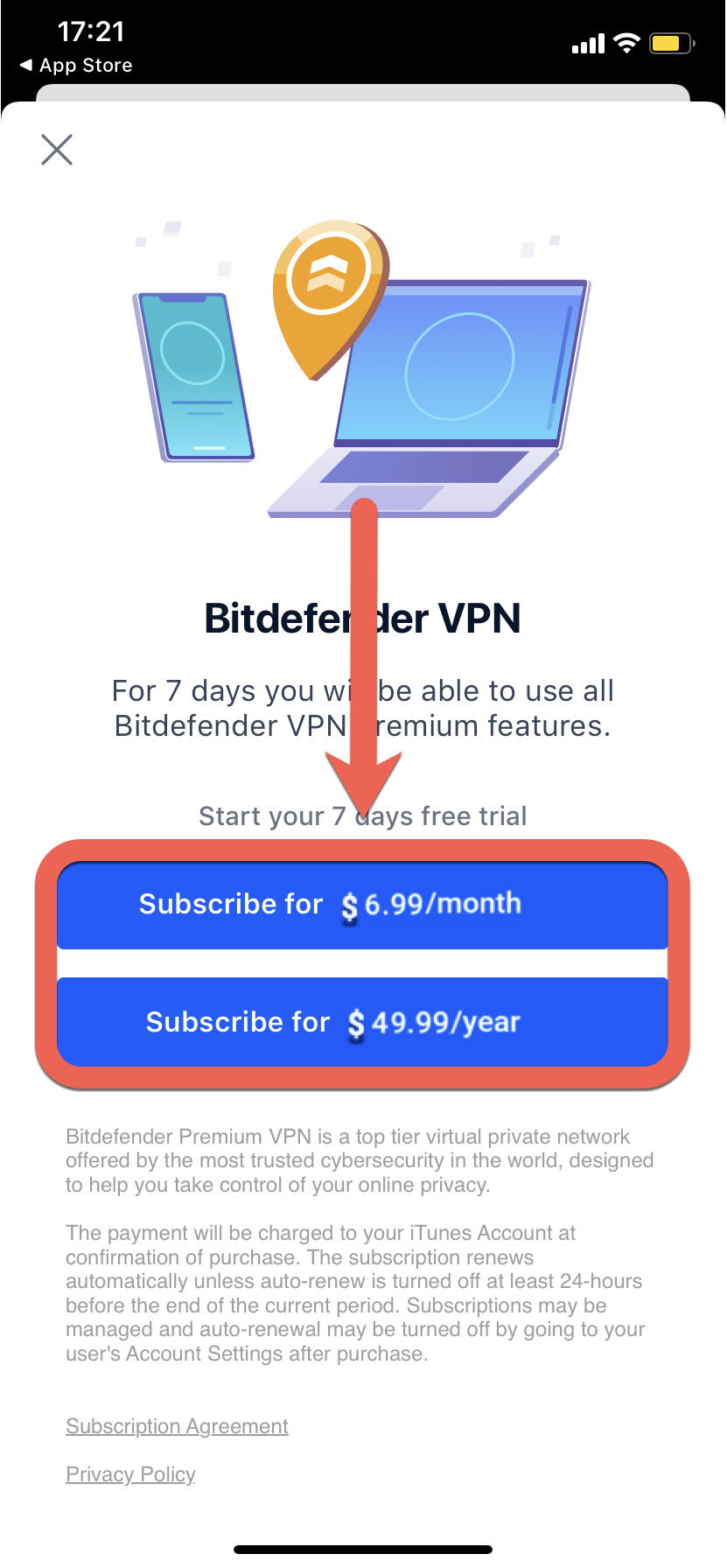 Piani di abbonamento per Bitdefender Premium VPN su iOS