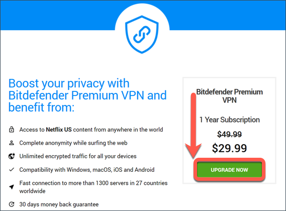 Upgrading to Bitdefender Premium VPN on Windows - shopping cart
