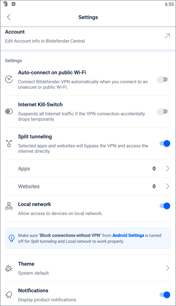 Bitdefender VPN per Android - Impostazioni