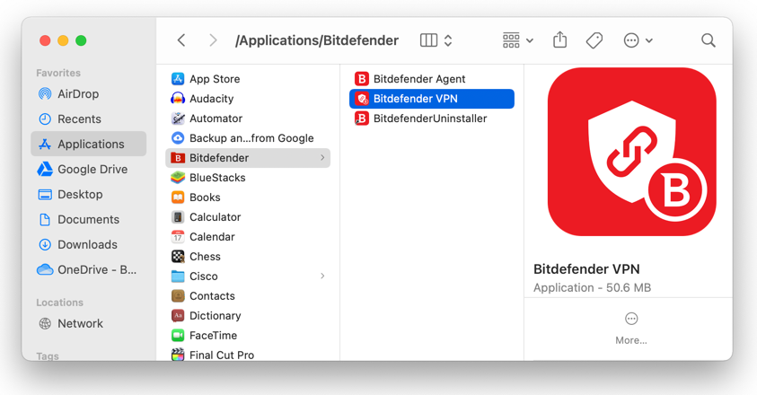 Opening Bitdefender VPN for Mac from the Applications folder
