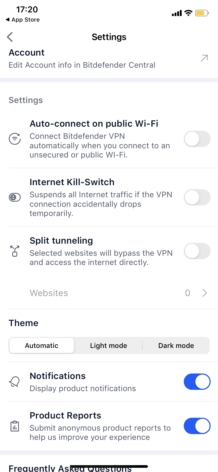 Bitdefender VPN per iOS - Impostazioni