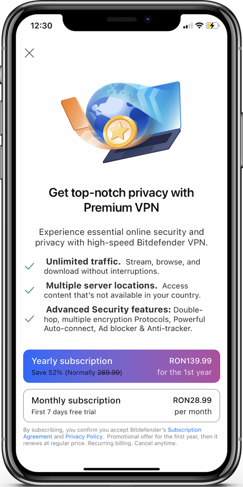 fare l'upgrade a Bitdefender Premium VPN su iOS