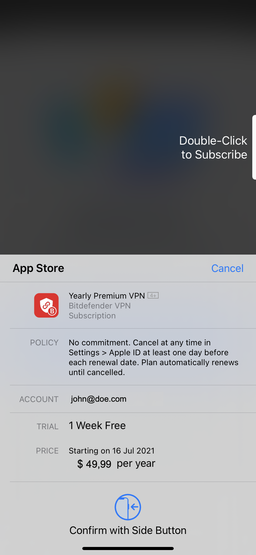 Pagamento - Bitdefender Premium VPN su iOS 