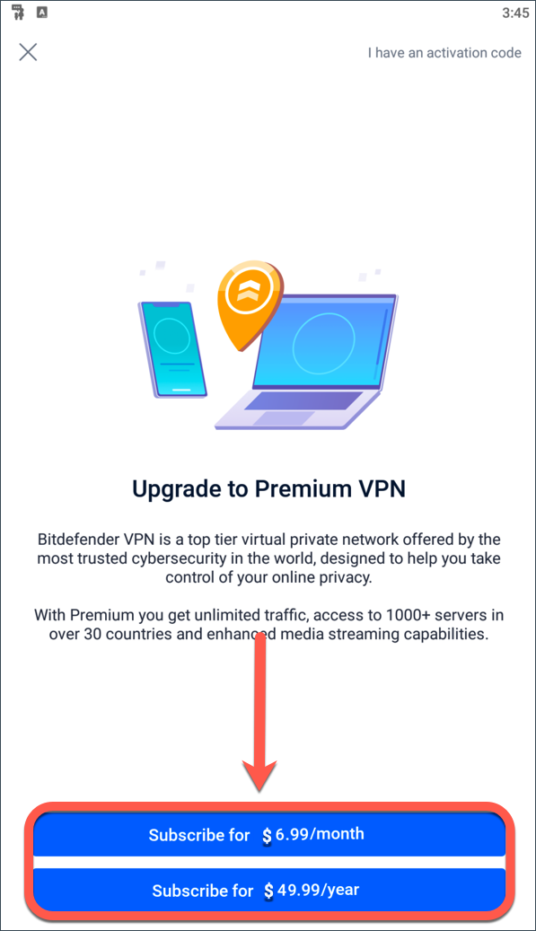 Scegliere un piano di abbonamento - Bitdefender Premium VPN su Android