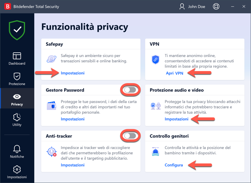 Disattivare Bitdefender - Funzionalità Privacy