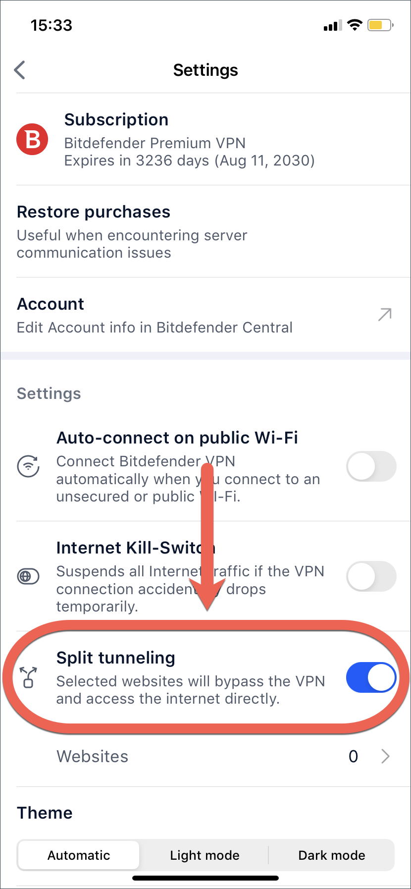 Abilitare lo Split Tunneling in Bitdefender VPN for iOS.