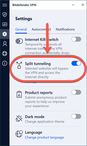Usa lo Split tunneling se non puoi accedere a un sito web quando Bitdefender VPN è attivo su Windows.