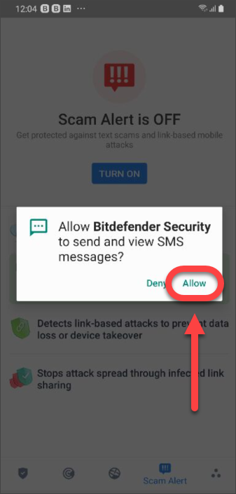 Consenti a Bitdefender di analizzare i messaggi SMS.