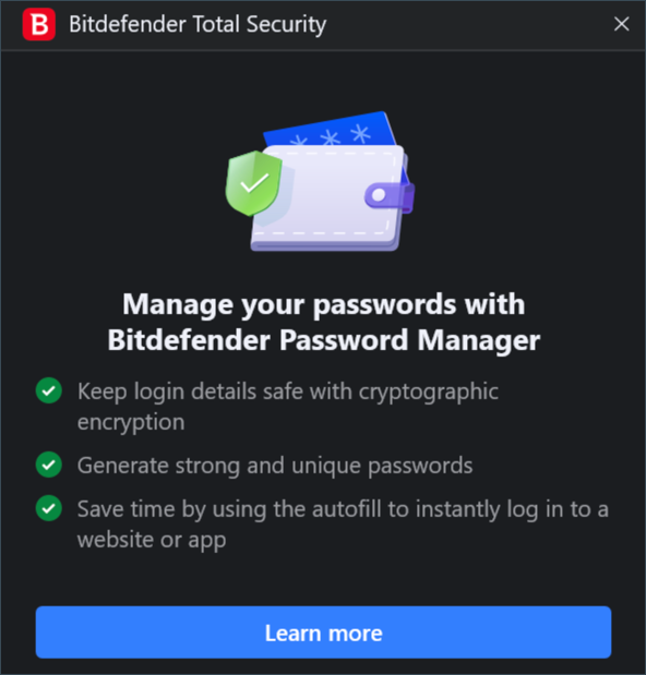 finestra pop-up Gestisci le tue password con Bitdefender Password Manager