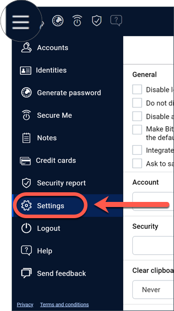 Trasferire i dati dal portafoglio a Bitdefender Password Manager - menu