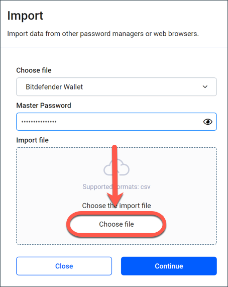 Trasferire i dati dal portafoglio a Bitdefender Password Manager - Scegli file