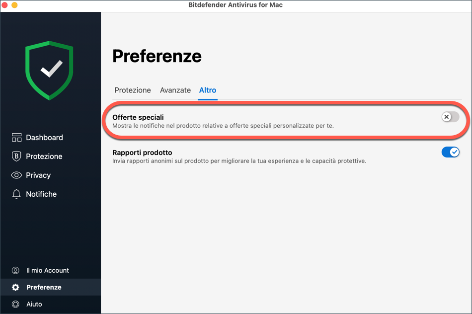 Disattivare i messaggi promozionali in Bitdefender - macOS