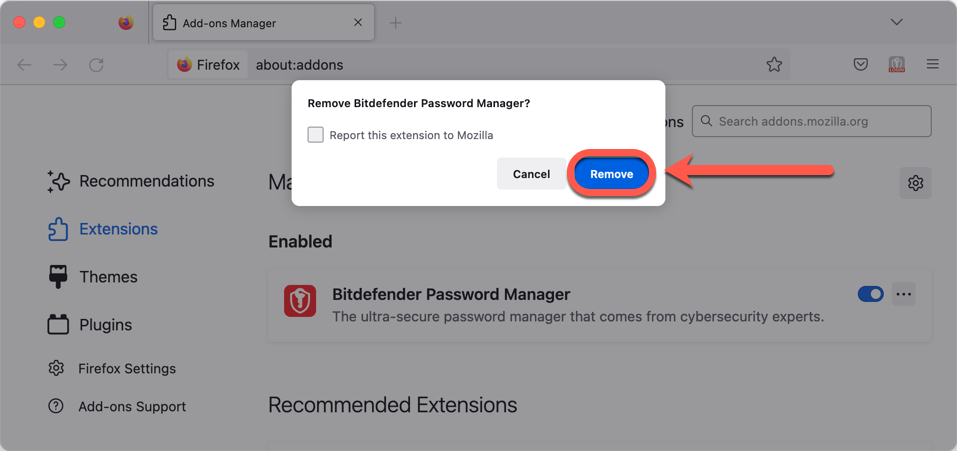 disinstallare Bitdefender Password Manager in Firefox