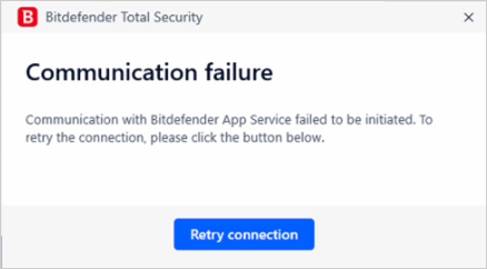 Errore di comunicazione. La comunicazione con Bitdefender App Service non è stata avviata